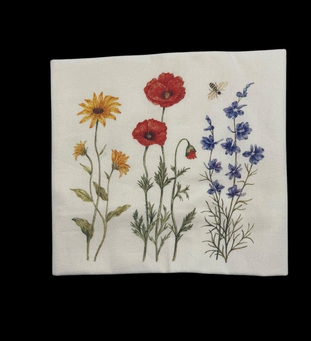 Alice's Cottage Poppy Flour Sack Towel Wildflowers Bee Cotton Floral 36"x28" New